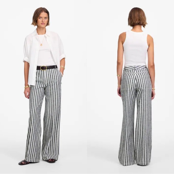 Madewell Zoe Relaxed Wide Pant Linen Cotton Blend Pant Navy White Stripe 10 NEW - Picture 1 of 11